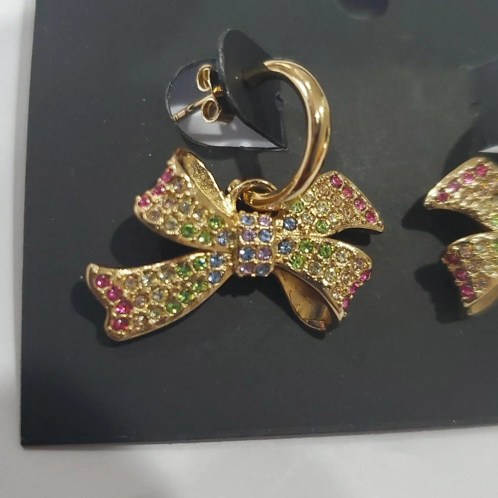 Coach bright multicolored pave crystal gemstones adorned bow post earrings new - Picture 2 of 10
